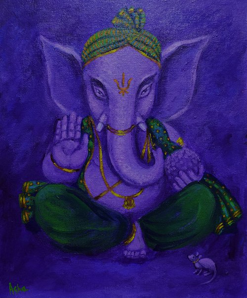 Purple Ganesha in green silk by Asha Shenoy