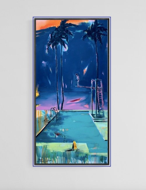 Big vertical painting - "Jump moment" - Pop Art - Palms - Swimming pool - Diptych by Yaroslav Yasenev