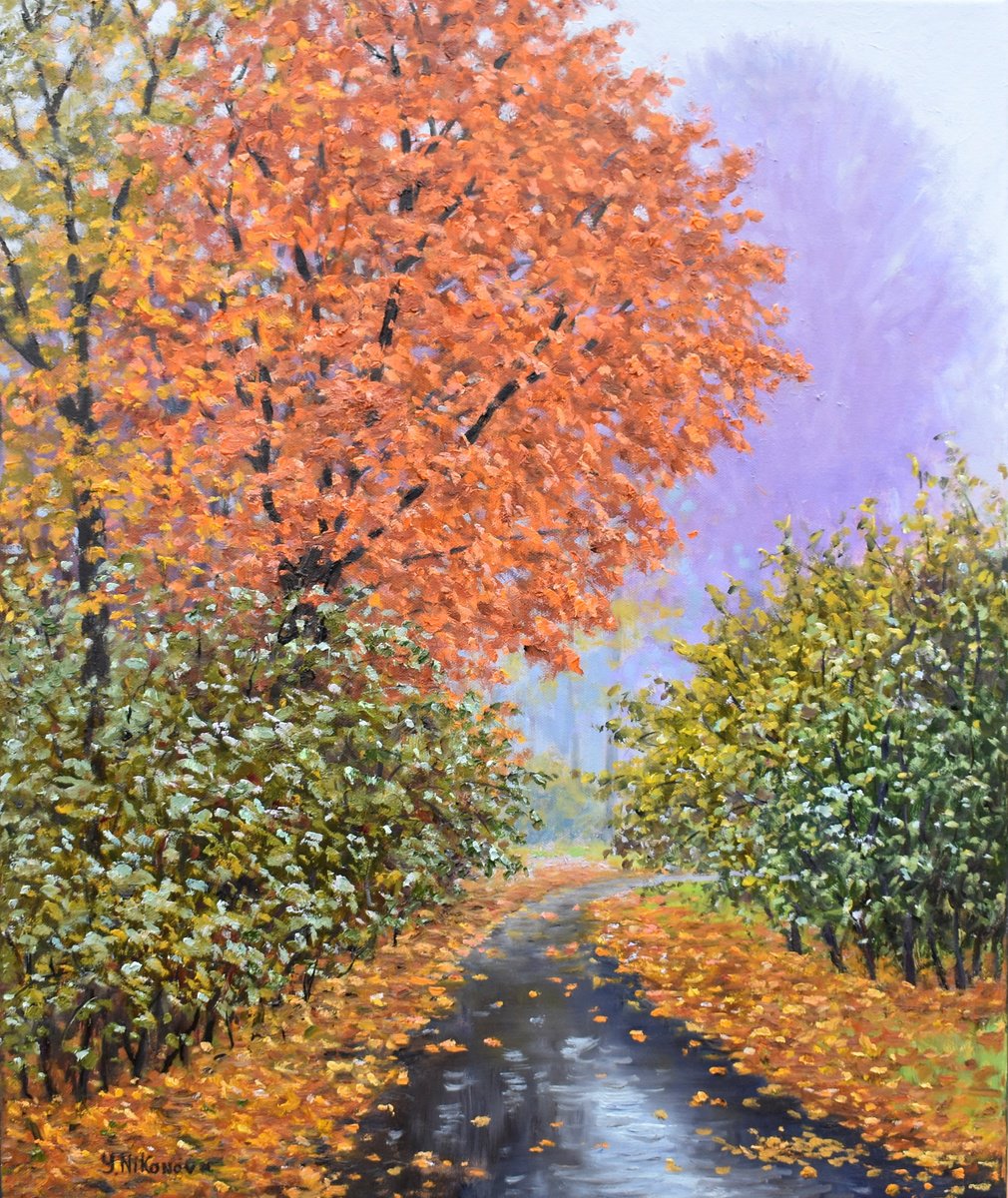 Impressionistic Landscape Oil Painting By Yulia Nikonova, 20 X 24", Autumn Path, Original Artwork