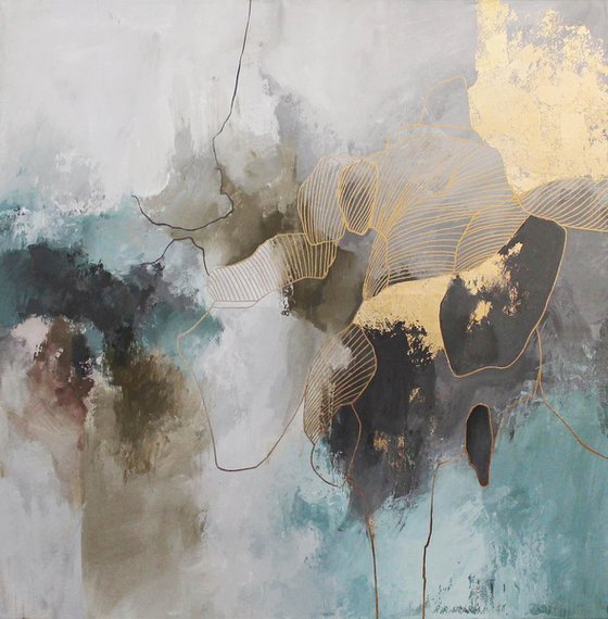 "Miracle" Abstract teal and gold acrylic art
