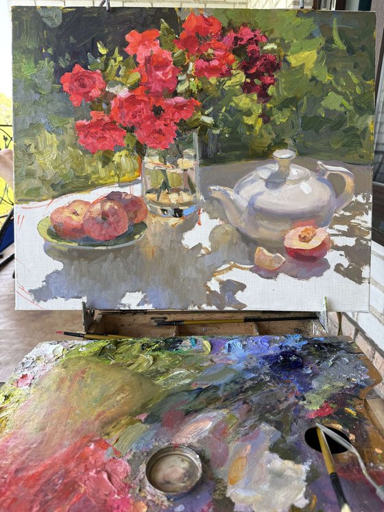 Summer Roses and White Teapot