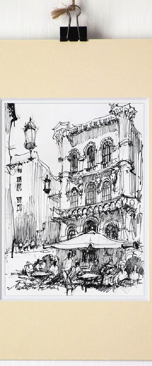 Vienna street scene cafe, ink drawing on paper, 2022 by Marin Victor