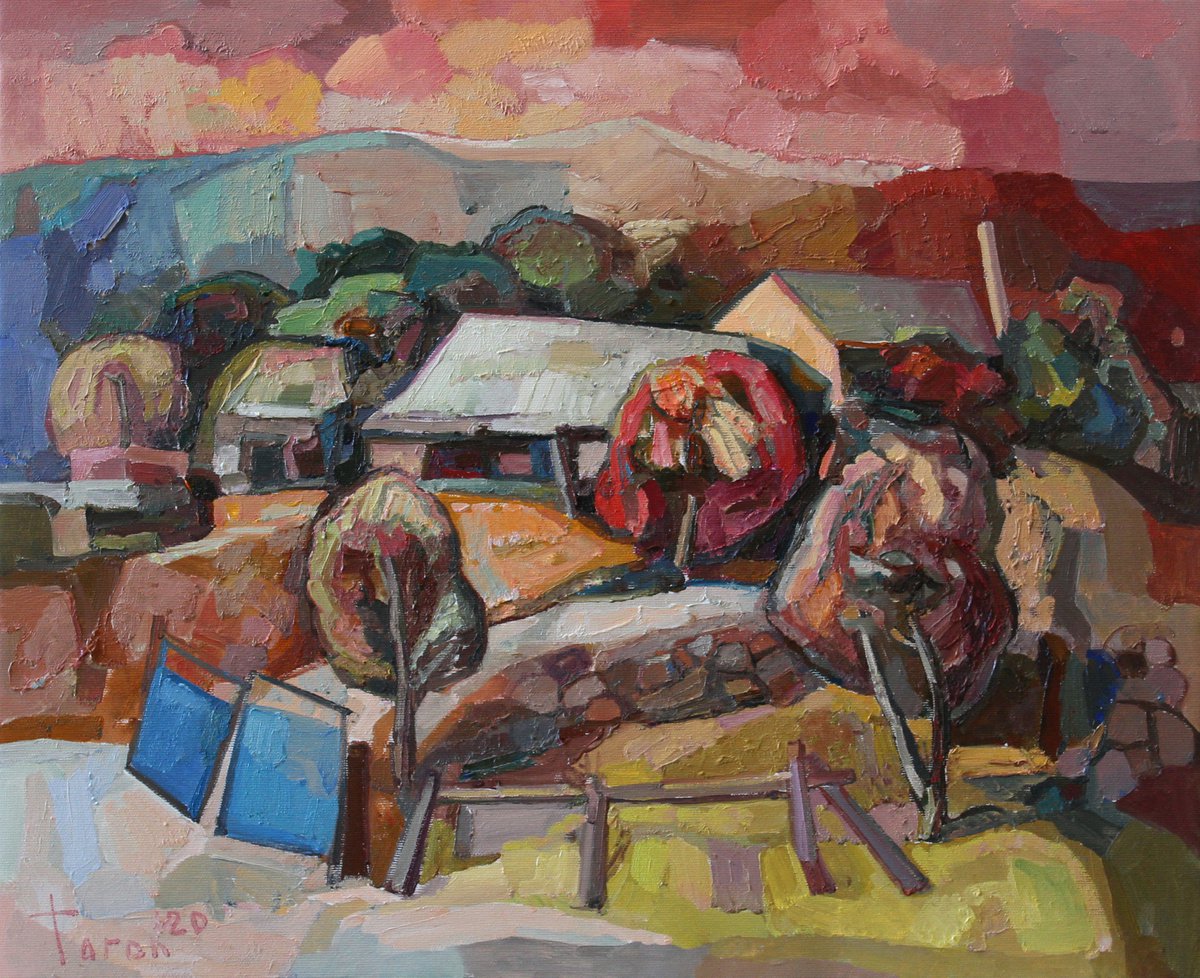 Abstract Landscape Oil Painting By Taron Khachatryan, 22 X 18", Childhood Memory, Original Artwork