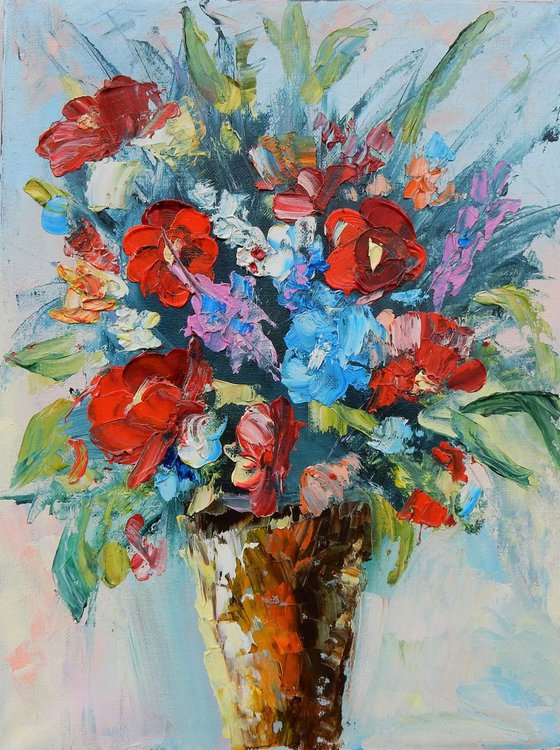 Bright flowers, bouquet of flowers in a vase. Still life. 30x40cm