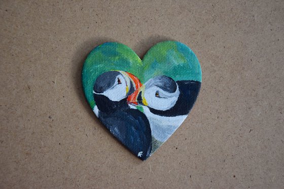 Puffins painting, heart magnet fridge, original acrylic painting, romantic gift