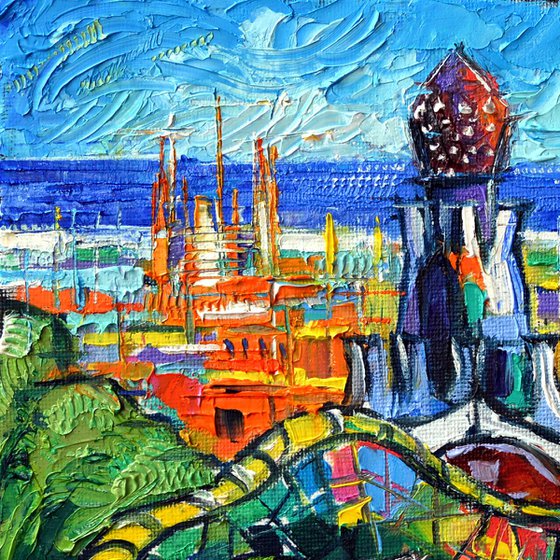 PARK GUELL ENCHANTED VISITORS 30x30cm Impasto Palette Knife Oil Painting by Mona Edulesco