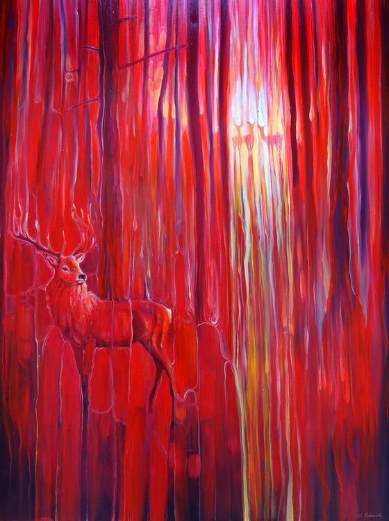 Red Forest Calls - original red oil painting with red deer in a red forest