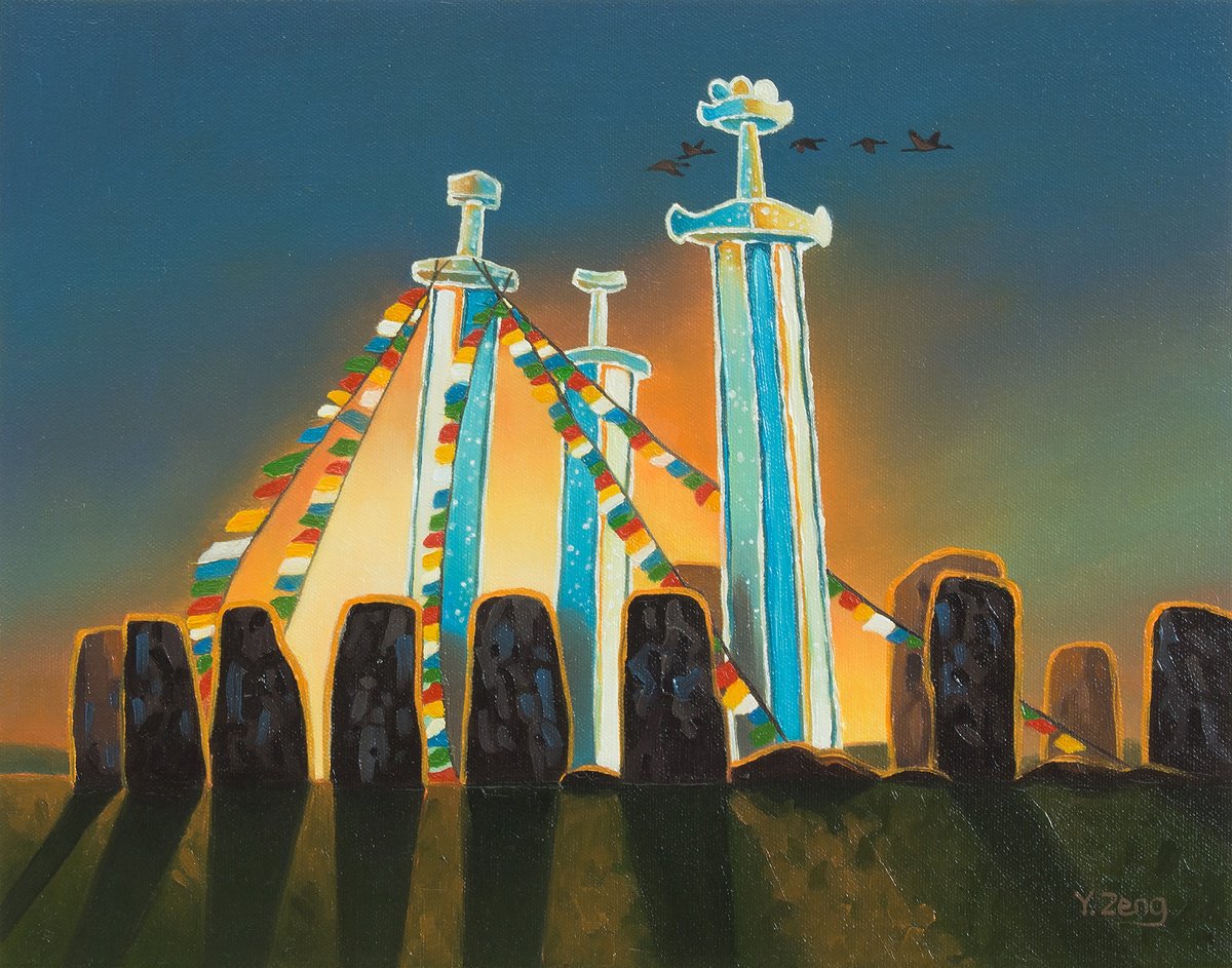 Surrealistic Oil Painting , Ice Swords Stonehenge By Yue Zeng, 14 X 11, Artwork For Sale On Artfinder
