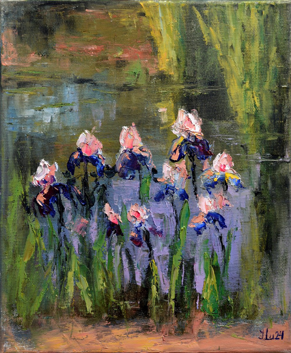 Impressionistic Landscape Oil Painting By Elena Lukina, 10 X 12, Irises On The Pond, Original Artwork