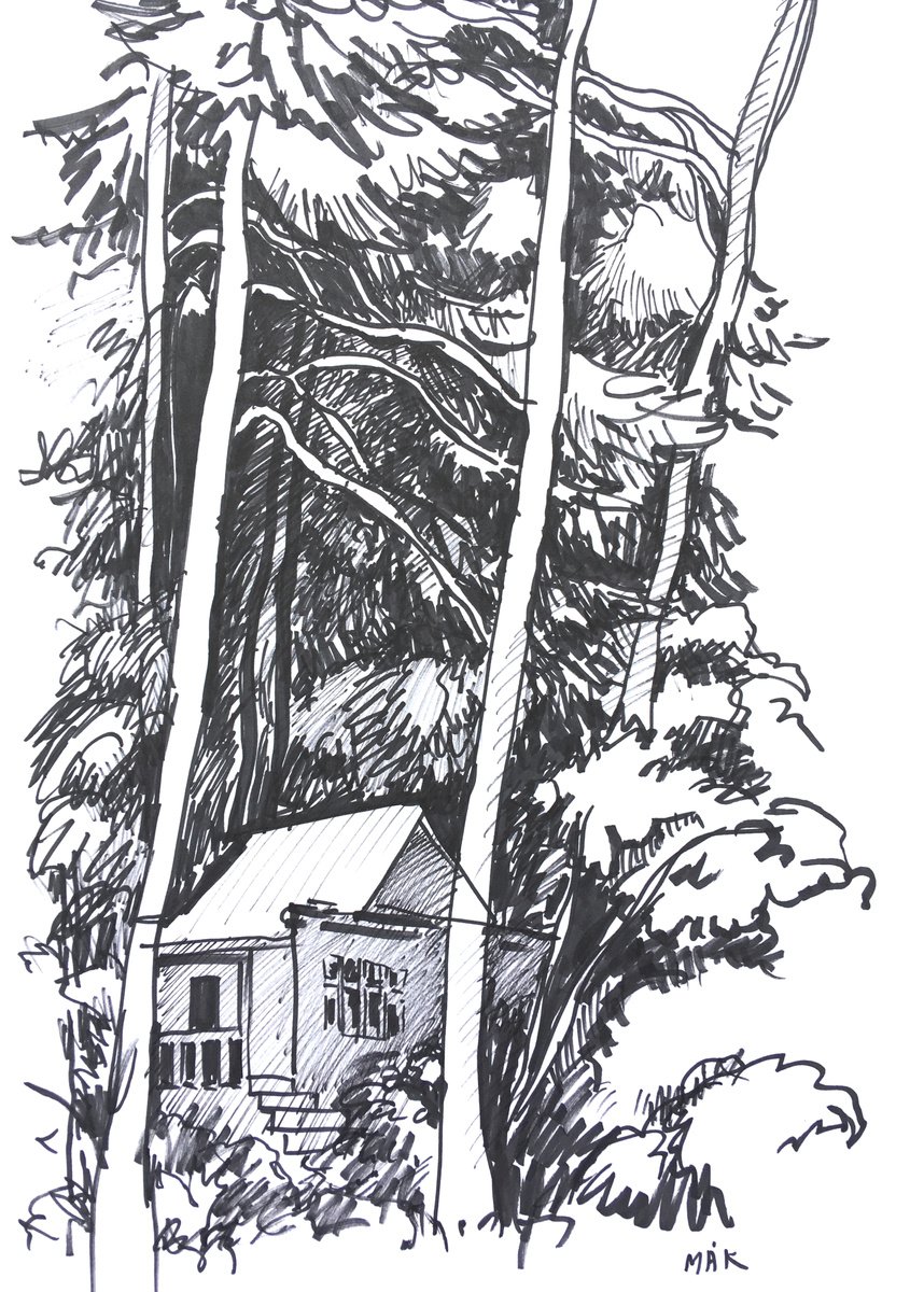 SMALL HOUSE IN THE WOODS - expressive graphic landscape on paper gift idea home decor by Irene Makarova