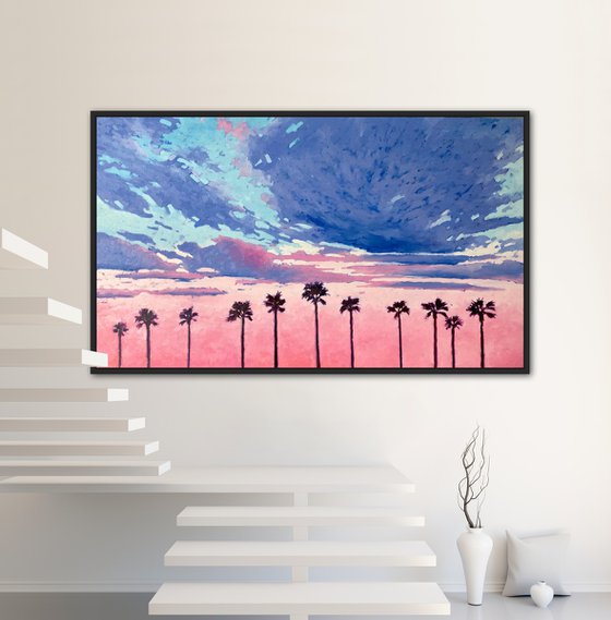 Pink sunset. Palms