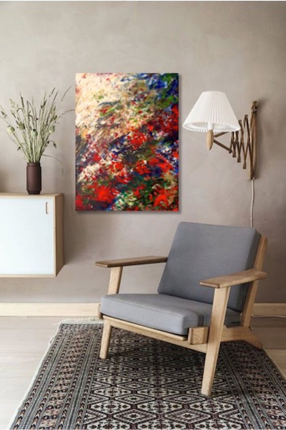 31.5"x23.7" (80x60cm), Summer vibes, Original Abstract Flowers Painting, Red, Blue, Yellow, ready to hang