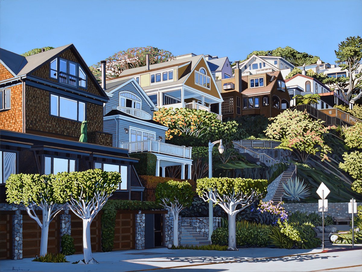 Photorealistic Landscape Acrylic Painting By Alex Nizovsky, 40 X 30, Sausalito Bridgeway / Tiffany, Original Artwork