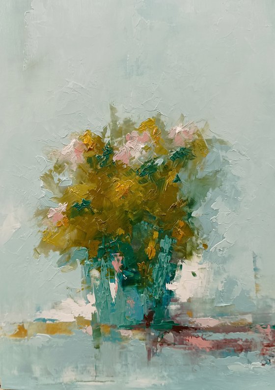 Modern still life painting. Hift idea. Flowers in vase