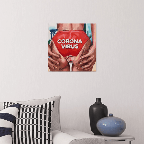 CORONAVIRUS - oil painting, original gift, girl, red, red trunks, ass, office decor, home interior