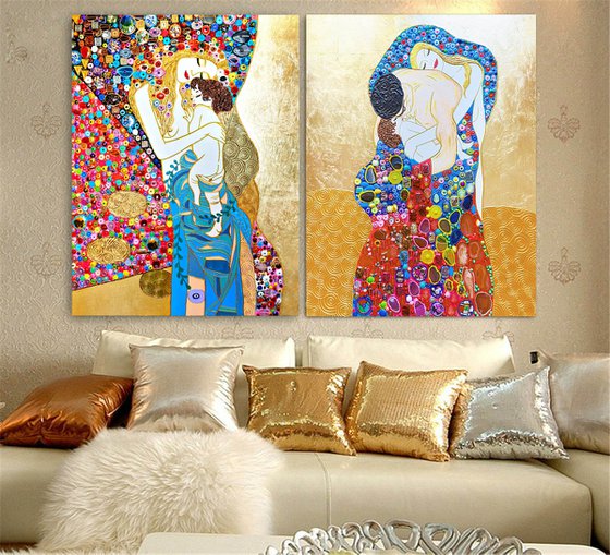 Set of 2 LARGE paintings 160x100 cm / 40x63 inches Gustav Klimt Mother and Child & Family GEMSTONES and mosaic wall art