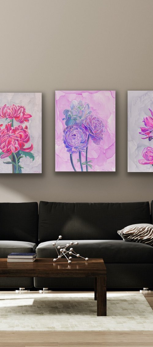 Triptych turquoise and pink by Olga Volna