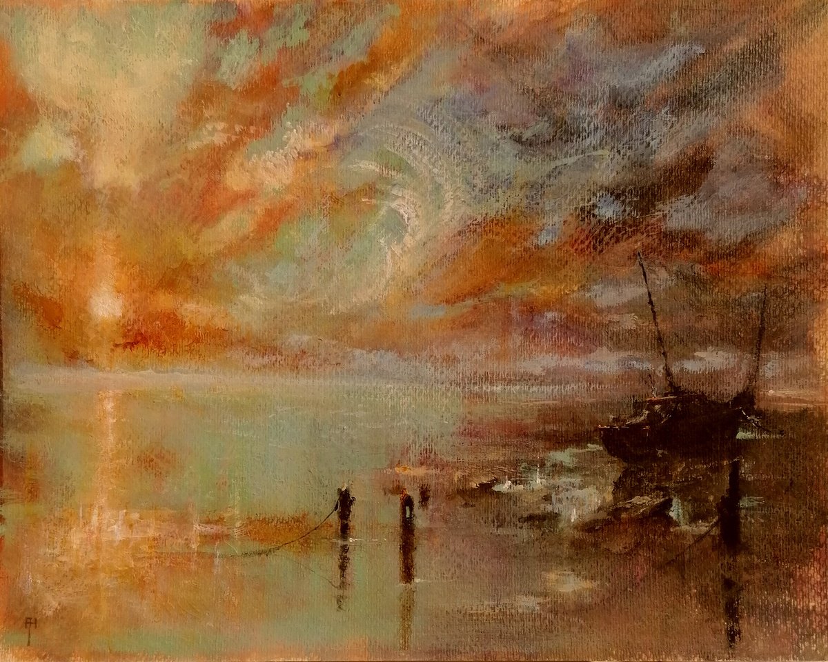 Impressionistic Landscape Acrylic Painting By Alan Harris, 14 X 11, Sunset, Original Artwork