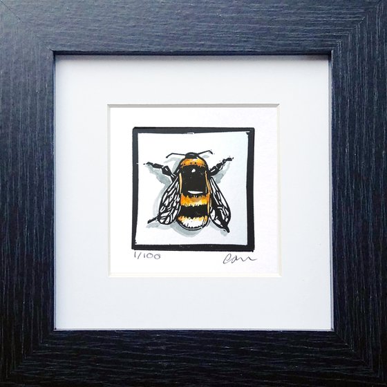 The humble bumble...bee  - Framed and ready to hang - miniature hand painted linocut print