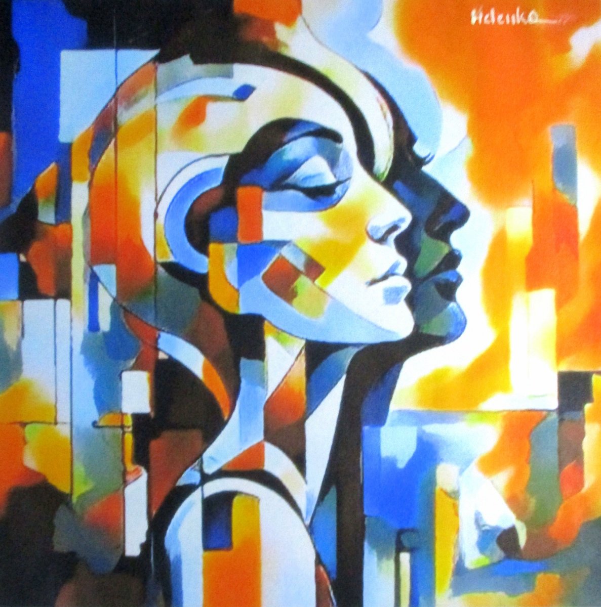 Expressive Portrait Acrylic Painting By Helena Wierzbicki, 18 X 19, Eternal Journey, Original Artwork