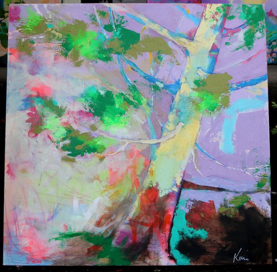 Branches Reach 36x36" Abstract Tree Painting, Gestural Abstract on Large Canvas