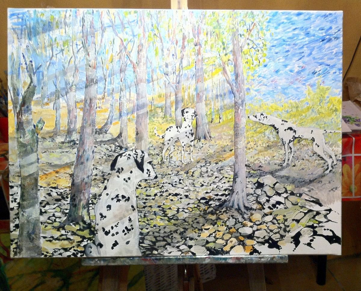 Animal Oil Painting By Chris Walker, 32 X 24, Spot The Dogs, Original Artwork