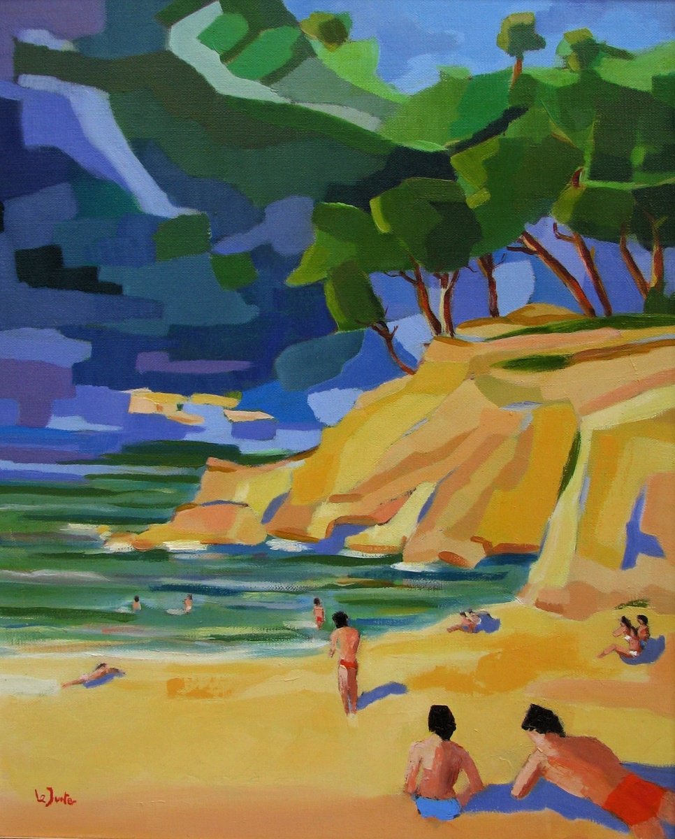 Impressionistic Landscape Oil Painting By Jean-Noel Le Junter, 19 X 22, Bathers In Mediterranean Cove, Original Artwork
