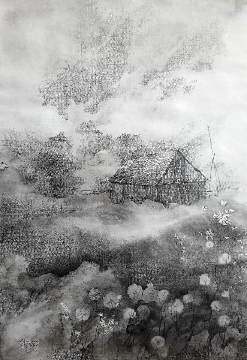 Impressionistic Landscape Pencil Drawing By Oksana Duchenchuk, 16 X 24", Be Wild I, Original Artwork