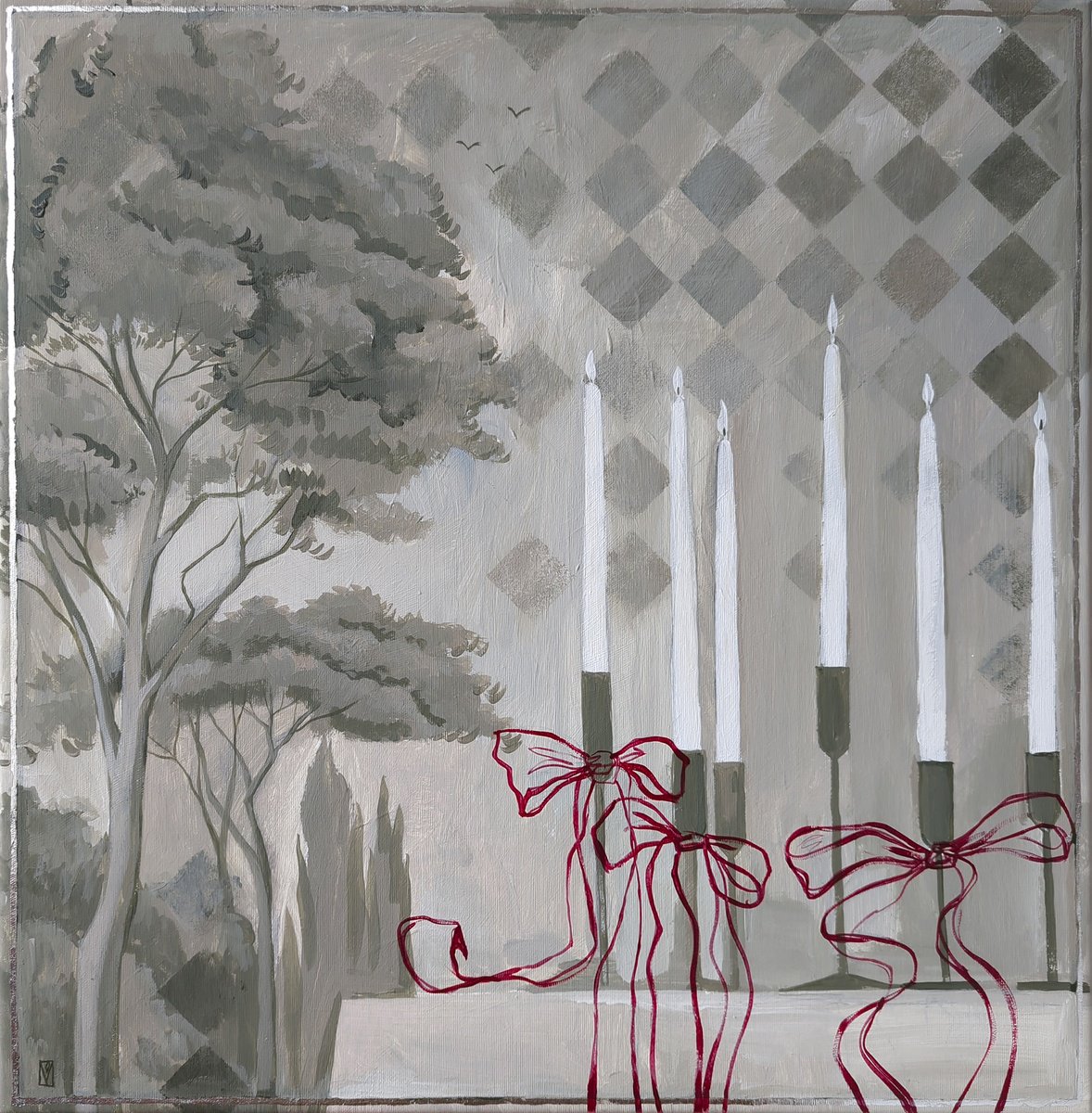 Impressionistic Still Life Acrylic Painting By Olha Vlasova, 24 X 24", Candlelit Harmony, Original Artwork