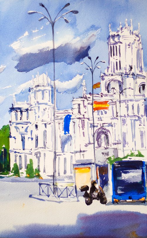 View of Cibeles square in Madrid. Medium size urban landscape watercolor with contrast by Sasha Romm
