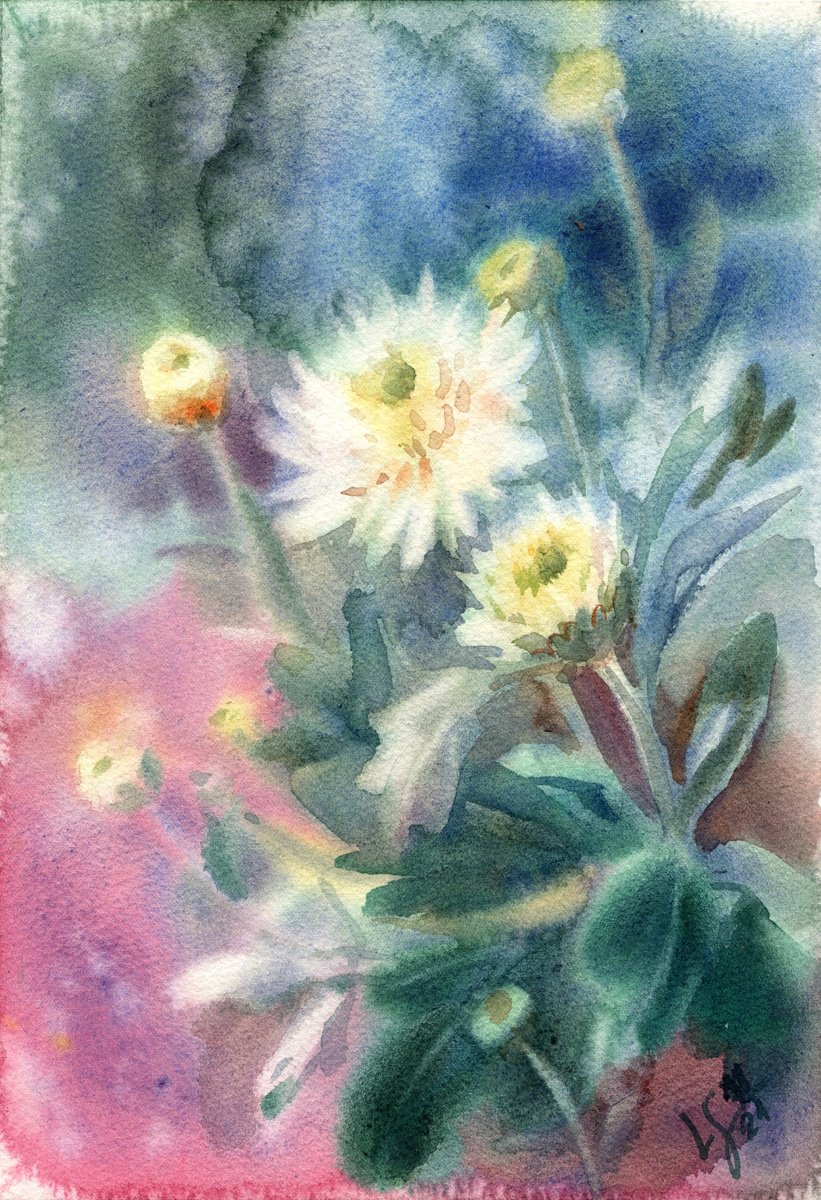 Impressionistic Botanical Watercolour By Svitlana Lagutina, 7 X 11", Chrysanthemum Serenity, Original Artwork