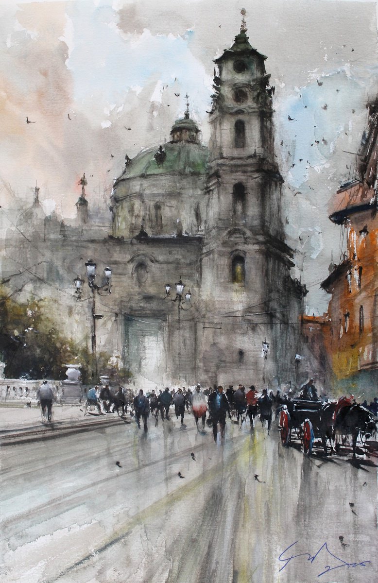 Impressionistic Cityscapes Watercolour By Maximo Damico, 13 X 20", Prague Malostranske, Original Artwork