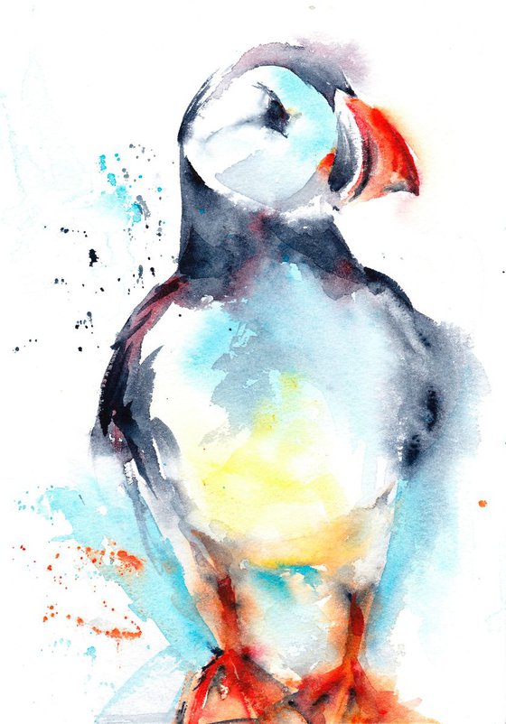 Puffin painting, Puffin in watercolour, Original Watercolour Bird painting, Puffin Art