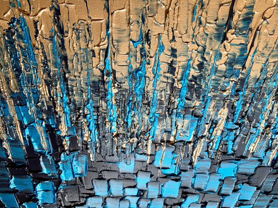 Blue & Gold Cascade - LARGE,  TEXTURED, PALETTE KNIFE ABSTRACT ART – EXPRESSIONS OF ENERGY AND LIGHT. READY TO HANG!