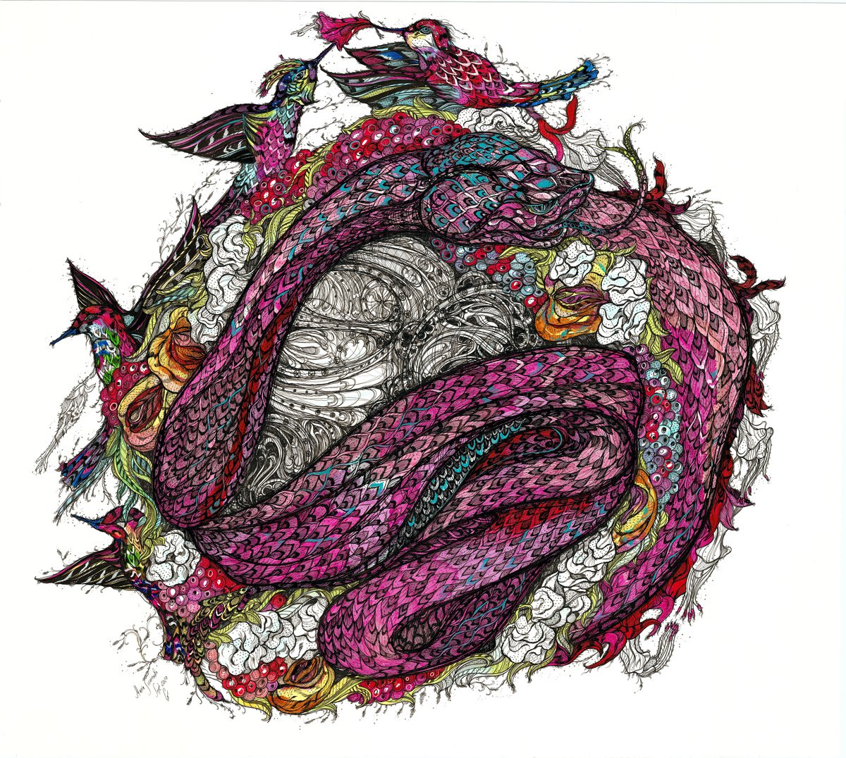Blueberry Snake, Cotton Flowers&Hummingbirds by Maria Susarenko