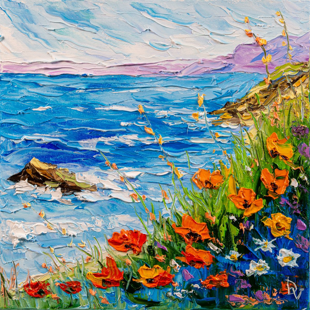Impressionistic Landscape Oil Painting By Vladyslav Durniev, 12 X 12", Coastal Bloom, Original Artwork