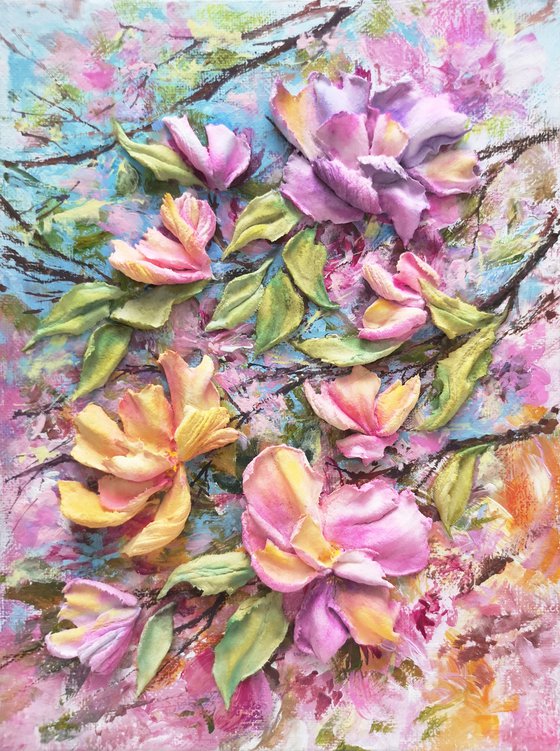 Magnolia flowers sculpture art, small relief floral painting