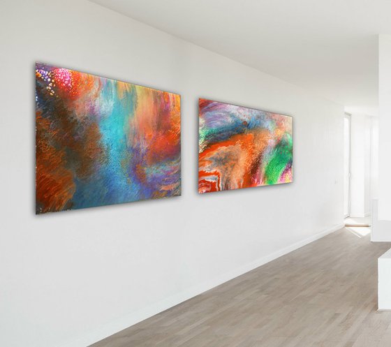 "Origin Of Time" - FREE WORLDWIDE SHIPPING + $600 OFF the Original Price - Original Diptych, Abstract PMS Fluid Acrylic Paintings Series - 96" x 36"