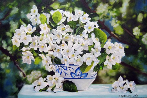 Apple Blossoms in a Vase, Spring Garden Scenery by Natalia Shaykina