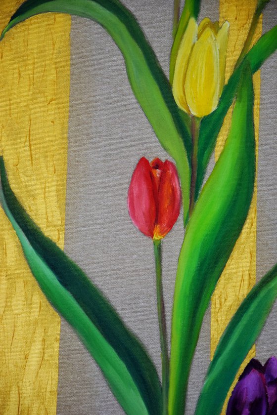 Flowers Tulips original OIL PAINTING on canvas, golden vertical artwork, art nouveau