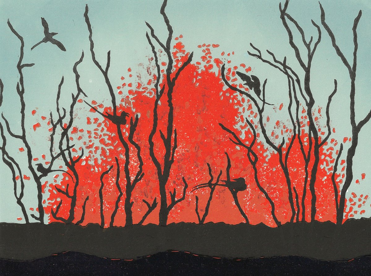 Graphic Landscape Linocut By Francis Stanton, 14 X 11, Lava Birds, Original Artwork