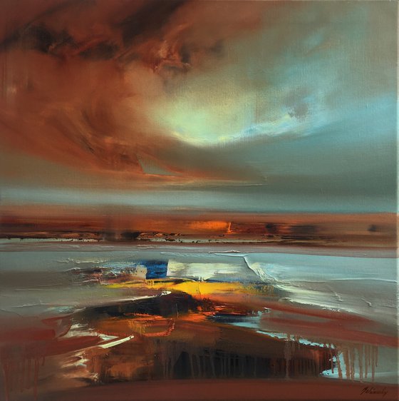 The Arrival - 70 x 70 cm, abstract landscape oil painting in brown and blue