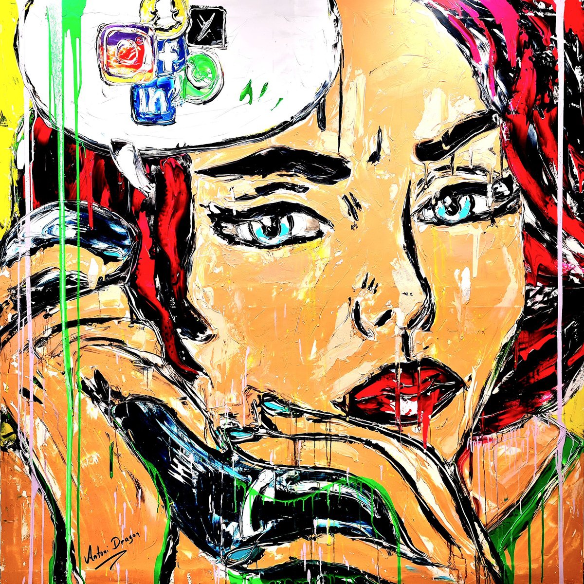 Urban And Pop Portrait Acrylic Painting By Antoni Dragan, 79 X 79, Hello 2024...X2, Original Artwork
