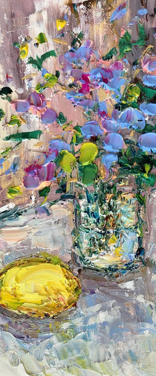 Still life with flowers and lemon by Vilma Gataveckienė