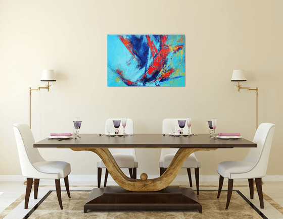 Large Abstract Blue Teal Red Landscape Painting. Modern Textured Art. Abstract. 61x91cm.