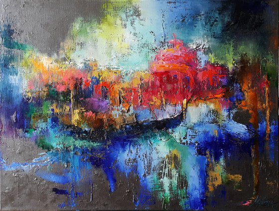 Abstract painting Mysterious Venice, oil, acrylic, cityscape