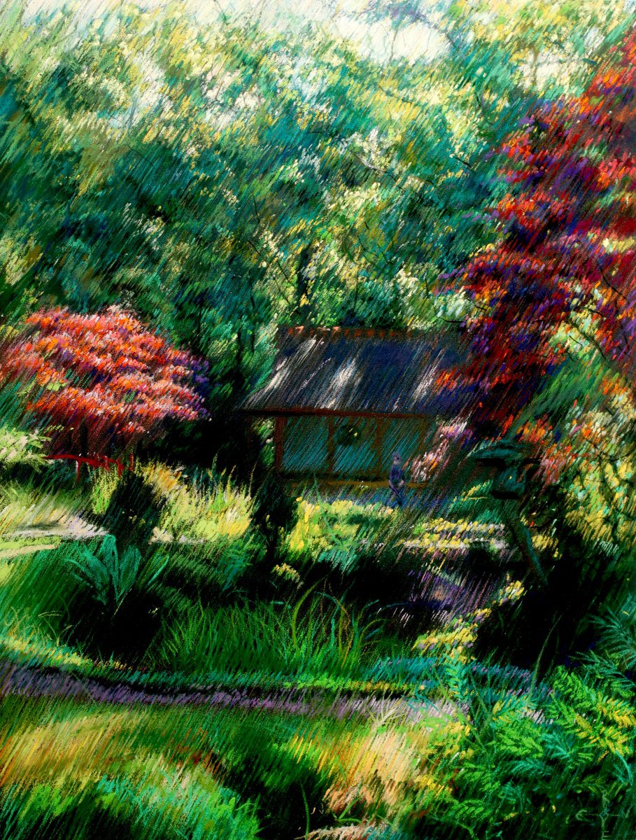 Impressionistic Landscape Pastel Drawing By Corne Akkers, 20 X 26, Japanese Garden 2 (2014), Original Artwork