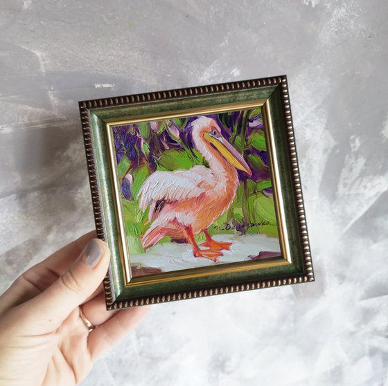 Pelican painting bird art original, Miniature painting 10x10 cm bird small frame art