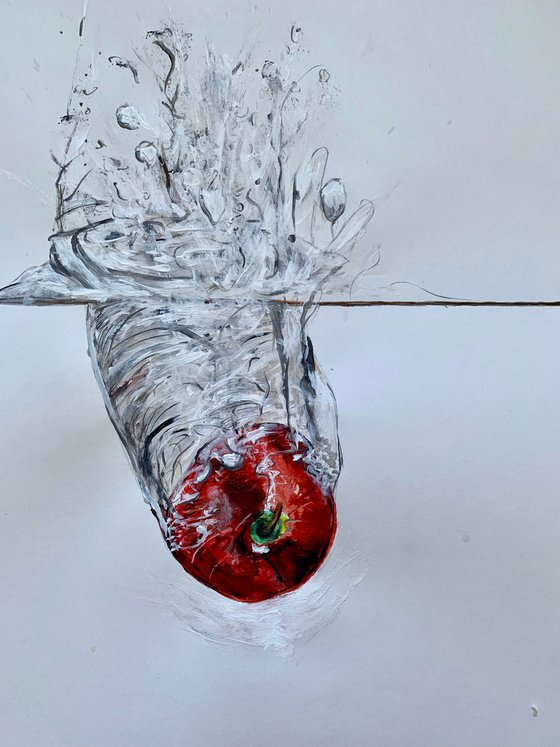 Red Apple Falling through Water Acrylic Painting Realistic Water Artwork On Paper Home Decor Gift Ideas