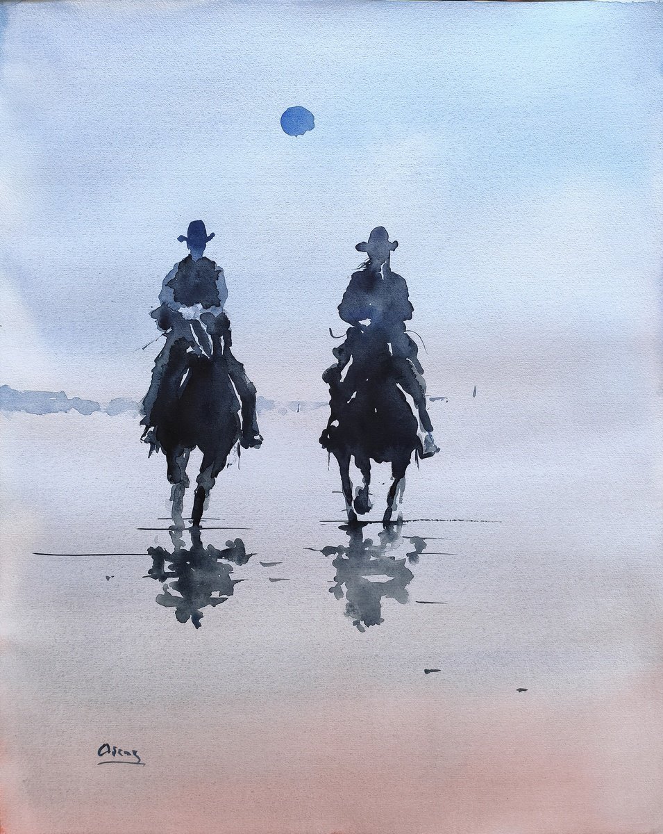Impressionistic Portrait Watercolour By Oscar Alvarez Pardo, 16 X 20", Cowboys 4, Original Artwork